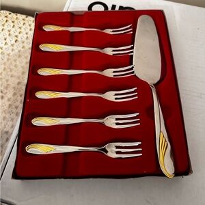 Lavart Stainless Steel Cake Fork & Server Set Silver Gold Accent 7-Piece